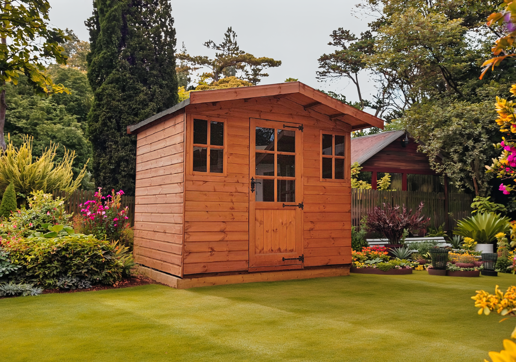 Stamford summer house with glazed double doors and side windows in a landscaped garden by IN Sheds