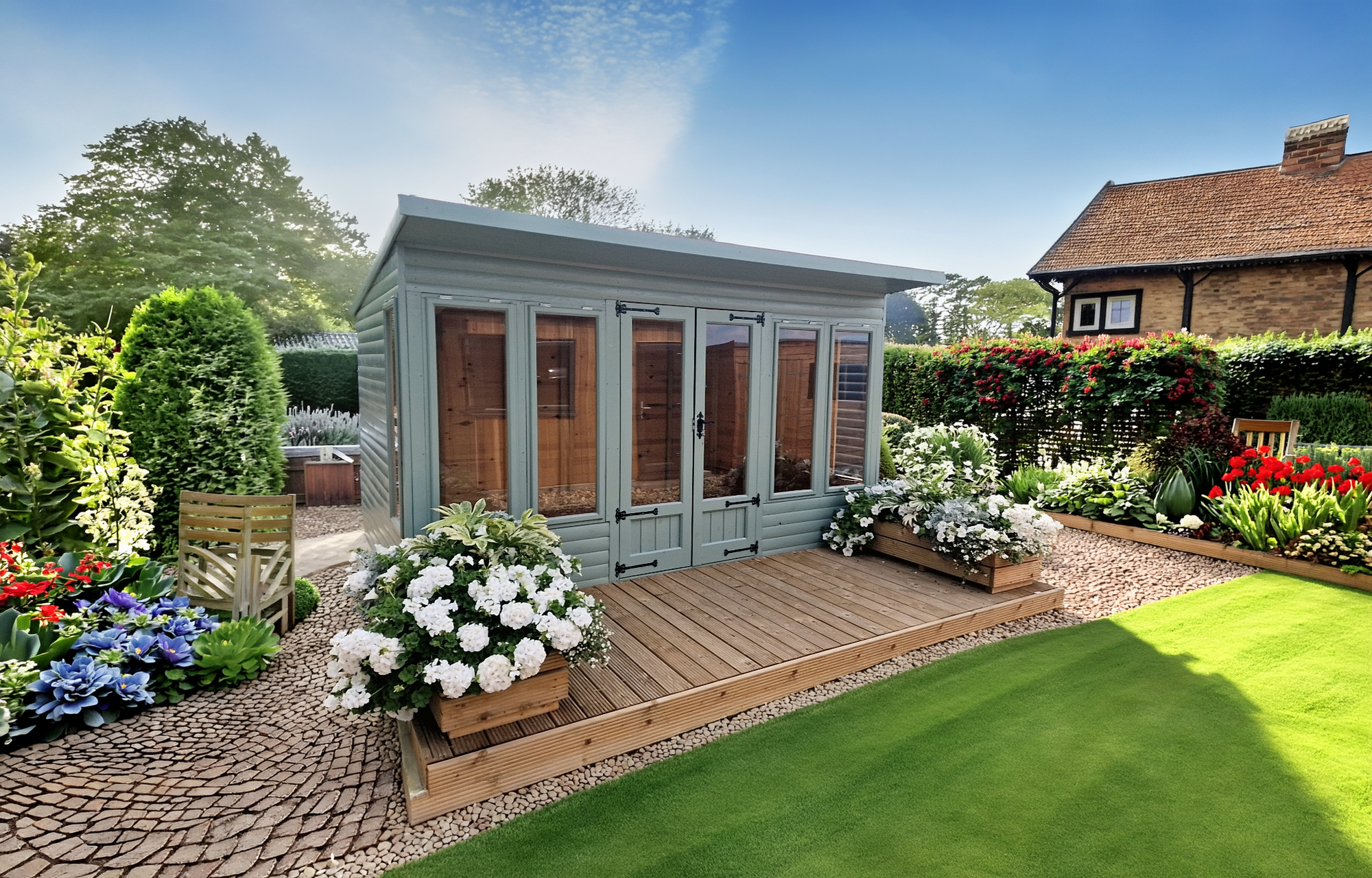 Welford summer house with double doors and large windows on a wooden deck in a landscaped garden by IN Sheds