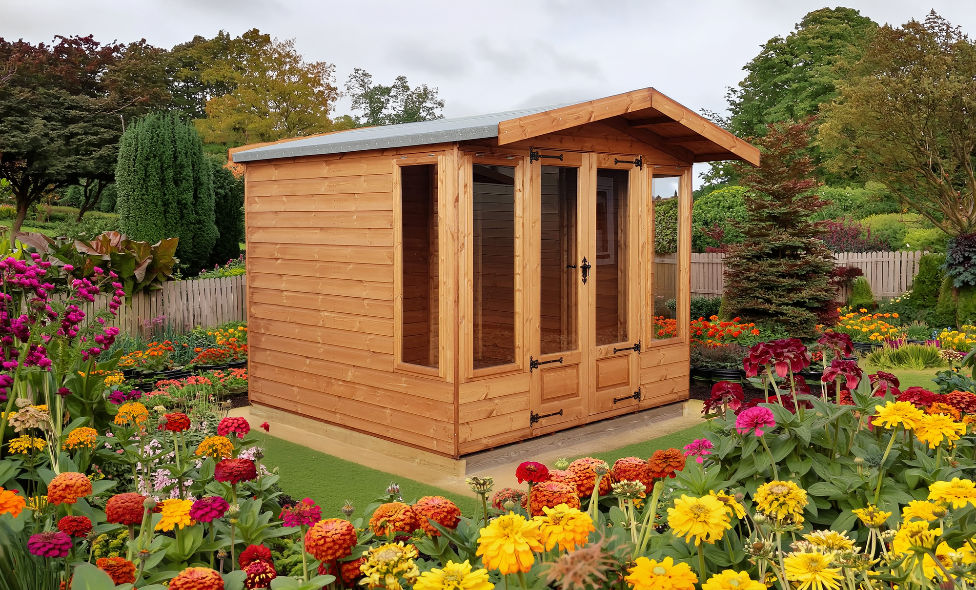Elkington summer house with double doors in a colourful garden setting by IN Sheds