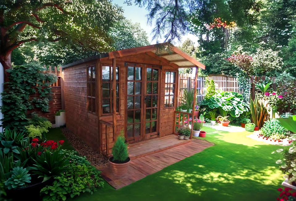 Kelmarsh summer house with verandah and Georgian windows in a landscaped garden by IN Sheds